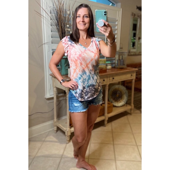 Tie Dye Flutter Ruffle Short Sleeve Coral 3220 - Picture 3 of 6